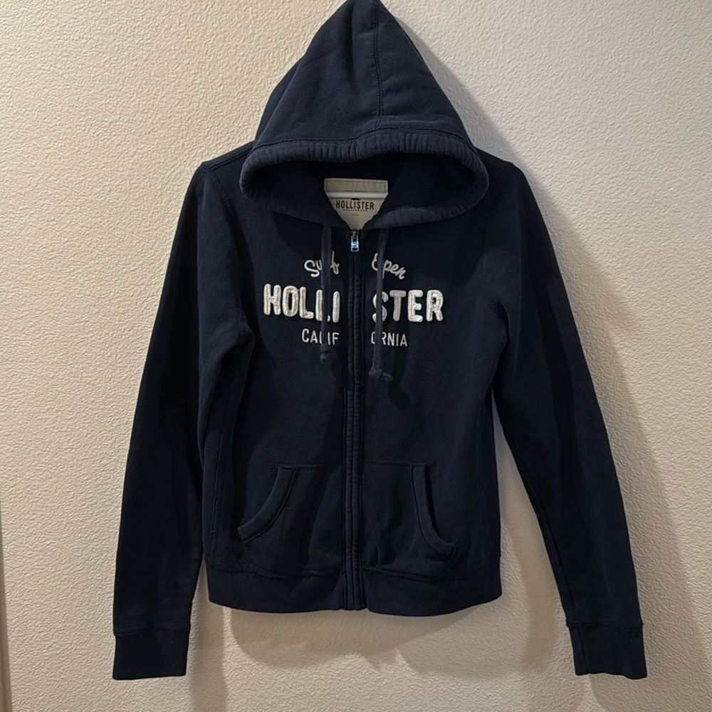 Hollister Navy Blue Zip Hoodie L Large Y2K